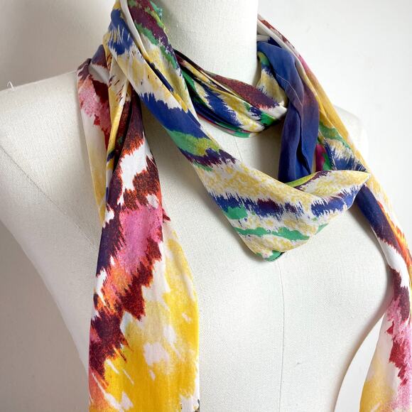 Long Rectangle Silk Scarf Tie Dye Festival Boho Abstract Artsy Colorful - Picture 4 of 5